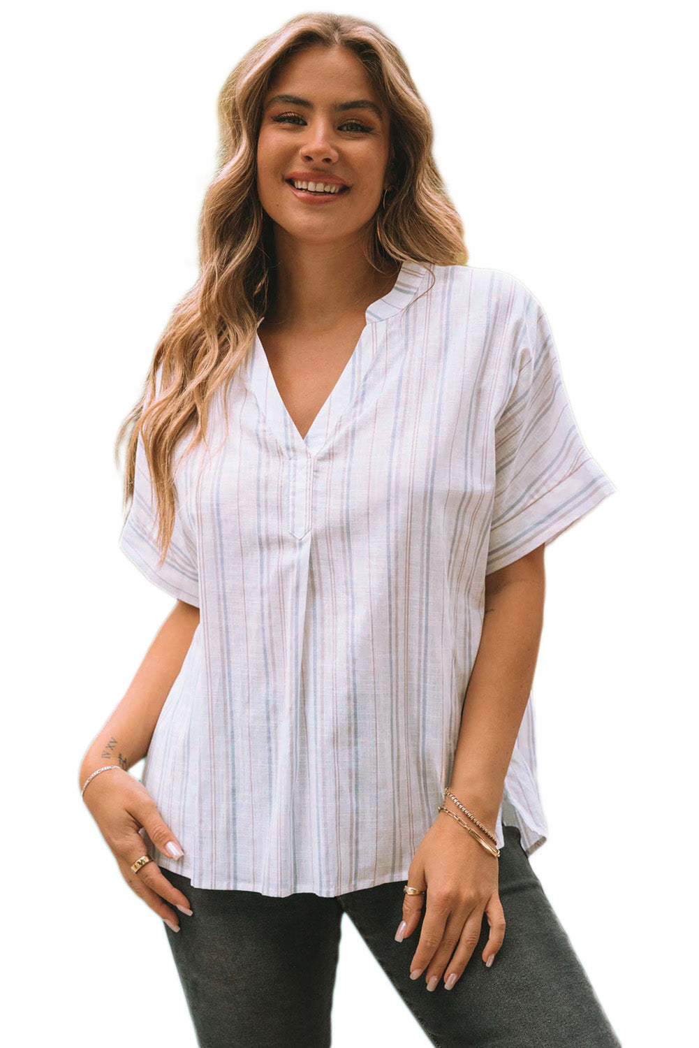 Striped Print Loose Fit Short Sleeve Top