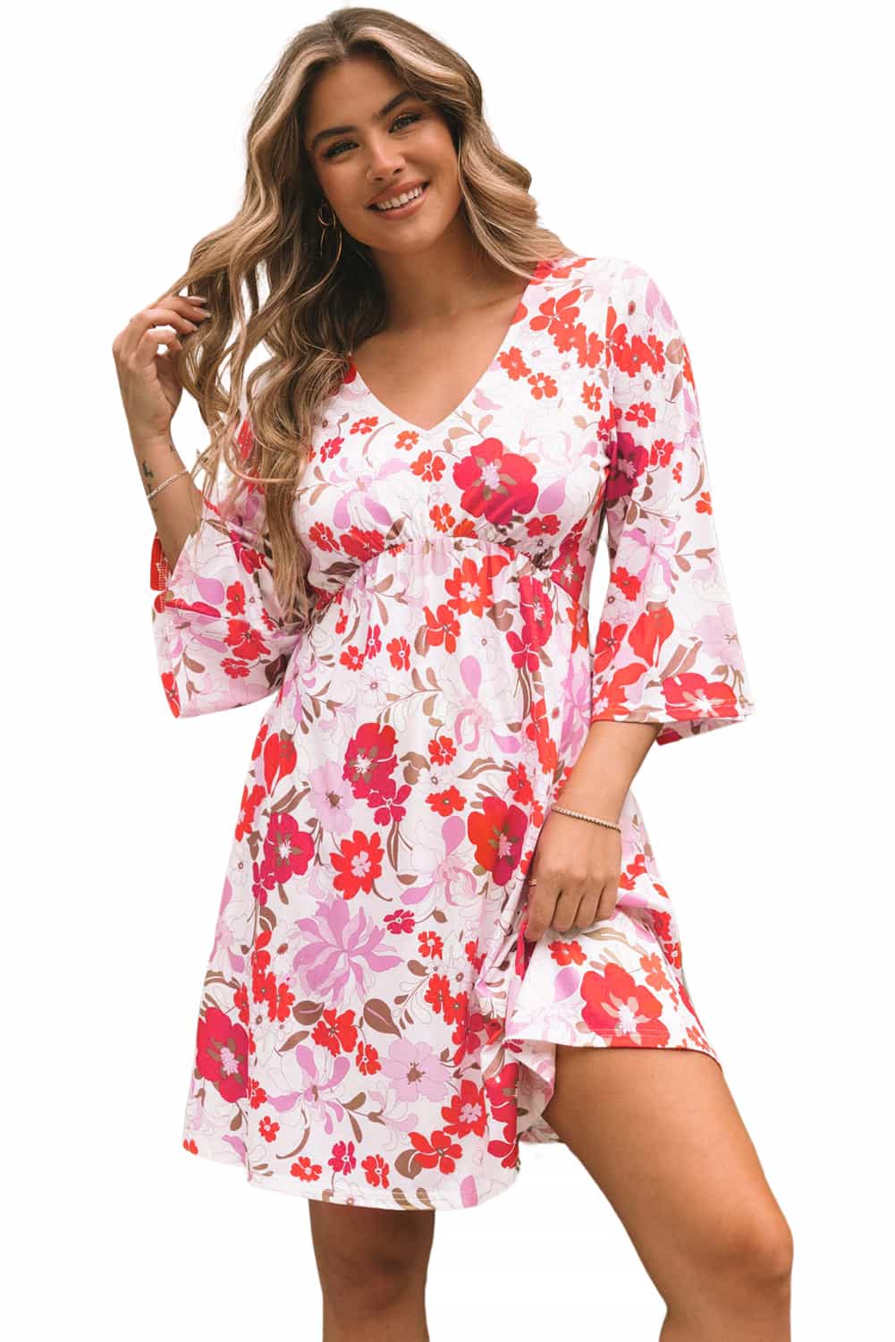White V Neck 3/4 Sleeve Floral Dress