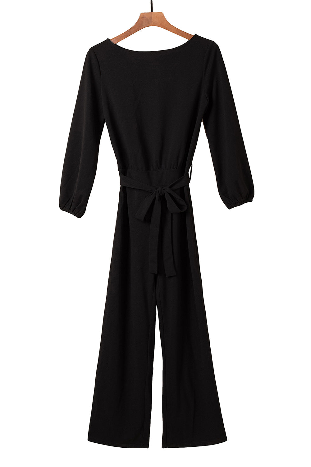 Black Boat Neck Bubble Sleeve Straight Legs Jumpsuit with Belt Tie