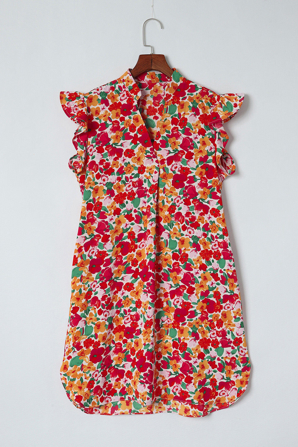 Red Ruffle Sleeve V-Neck Floral Dress