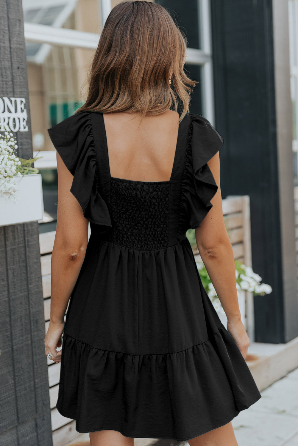 Blue Ruffle Trim V Neck Smocking Back Mini Dress