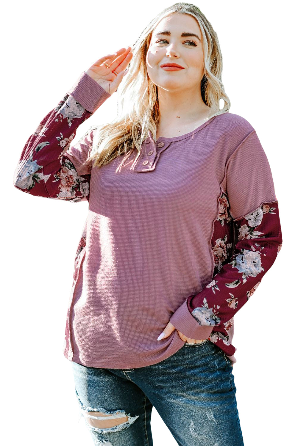 Purple Floral Accent Puff Sleeves Plus Size Thermal Top