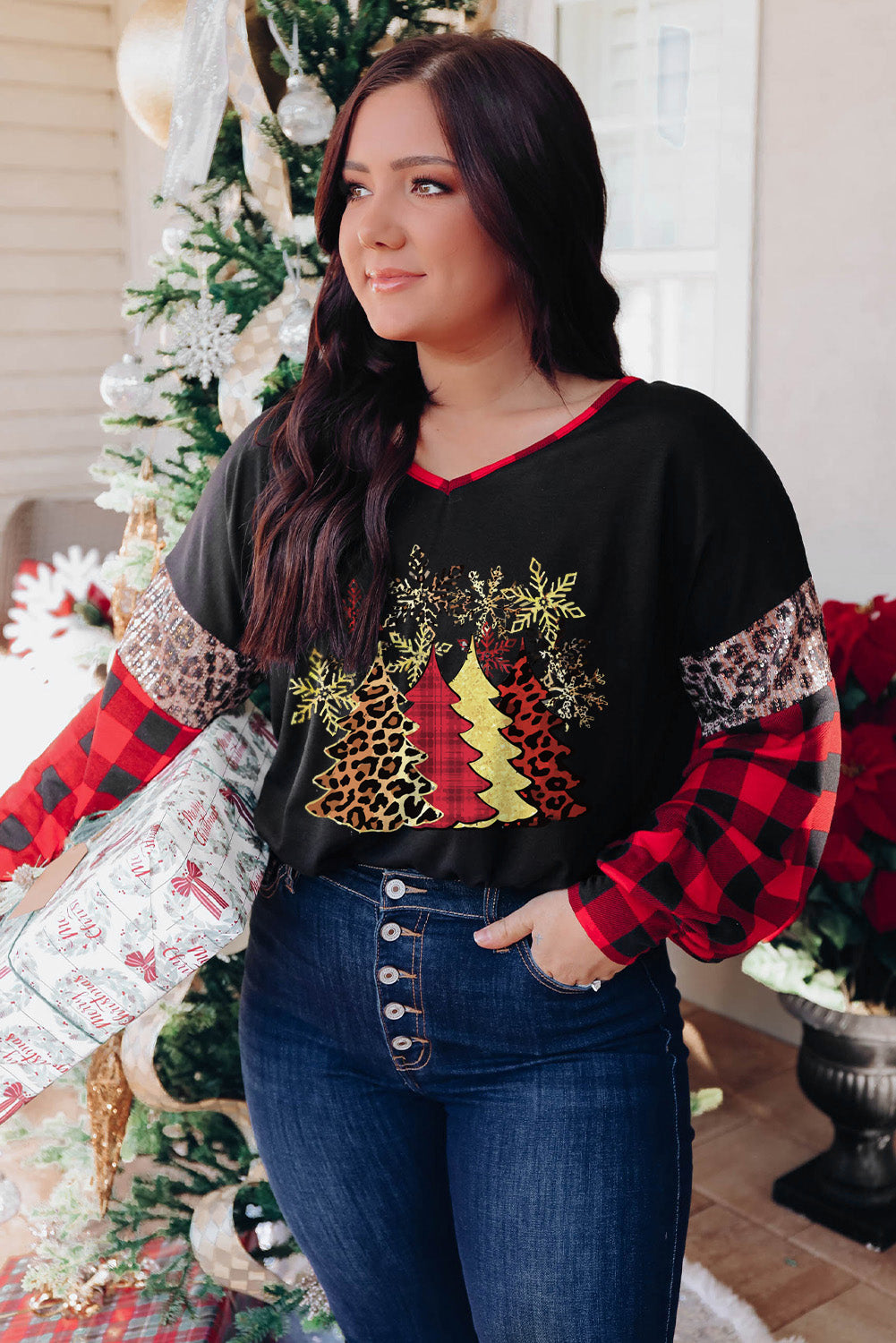 Black Sequined Leopard Insert Plaid Sleeve Plus Size Top