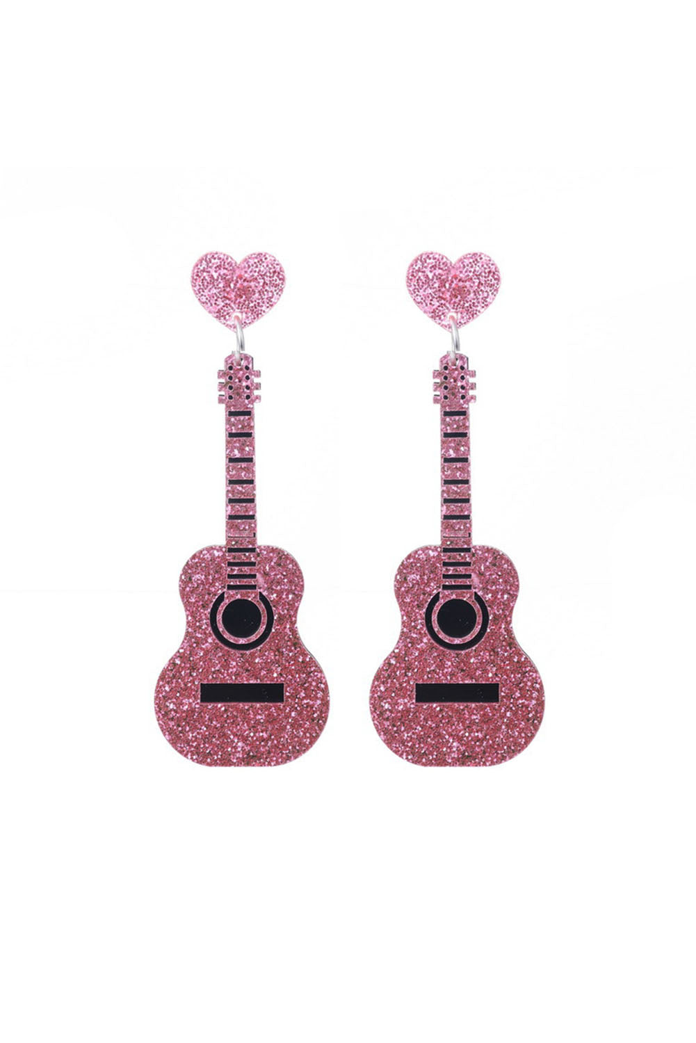 Pink Shiny Guitar Love Music Festival Heart Stud Earrings