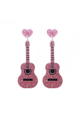 Pink Shiny Guitar Love Music Festival Heart Stud Earrings