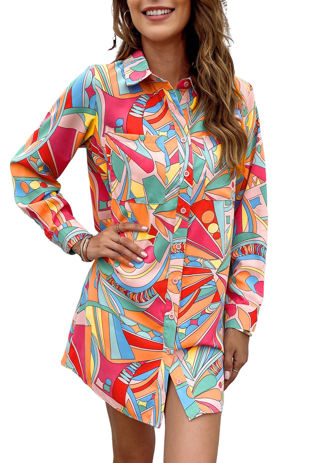 Multicolor Abstract Geometric Print Tassel Tie Flared Dress