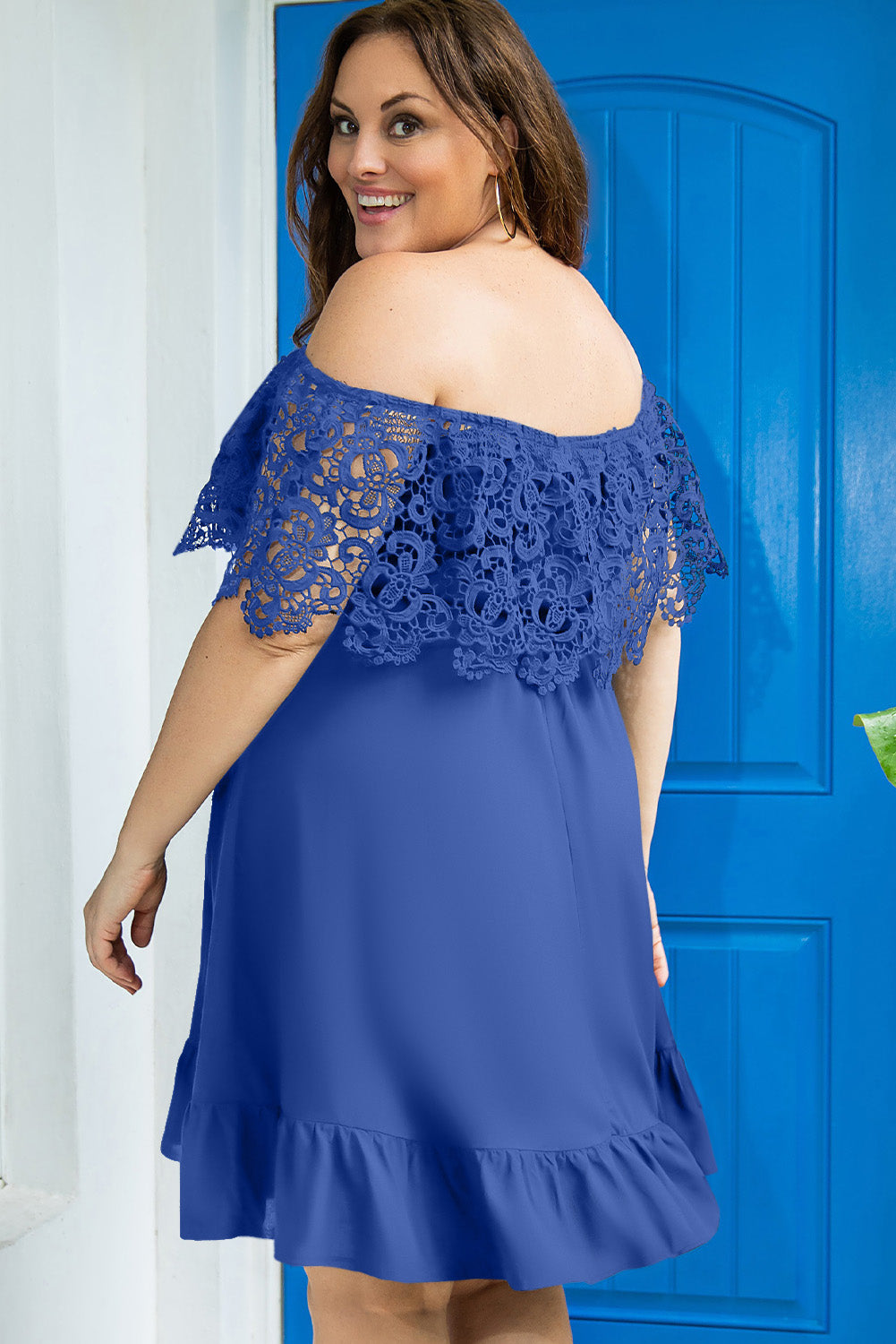 Blue Off-the-shoulder Lace Sleeves Plus size Dress