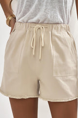 Khaki Solid Color Drawstring Frayed Hem Pocketed Shorts