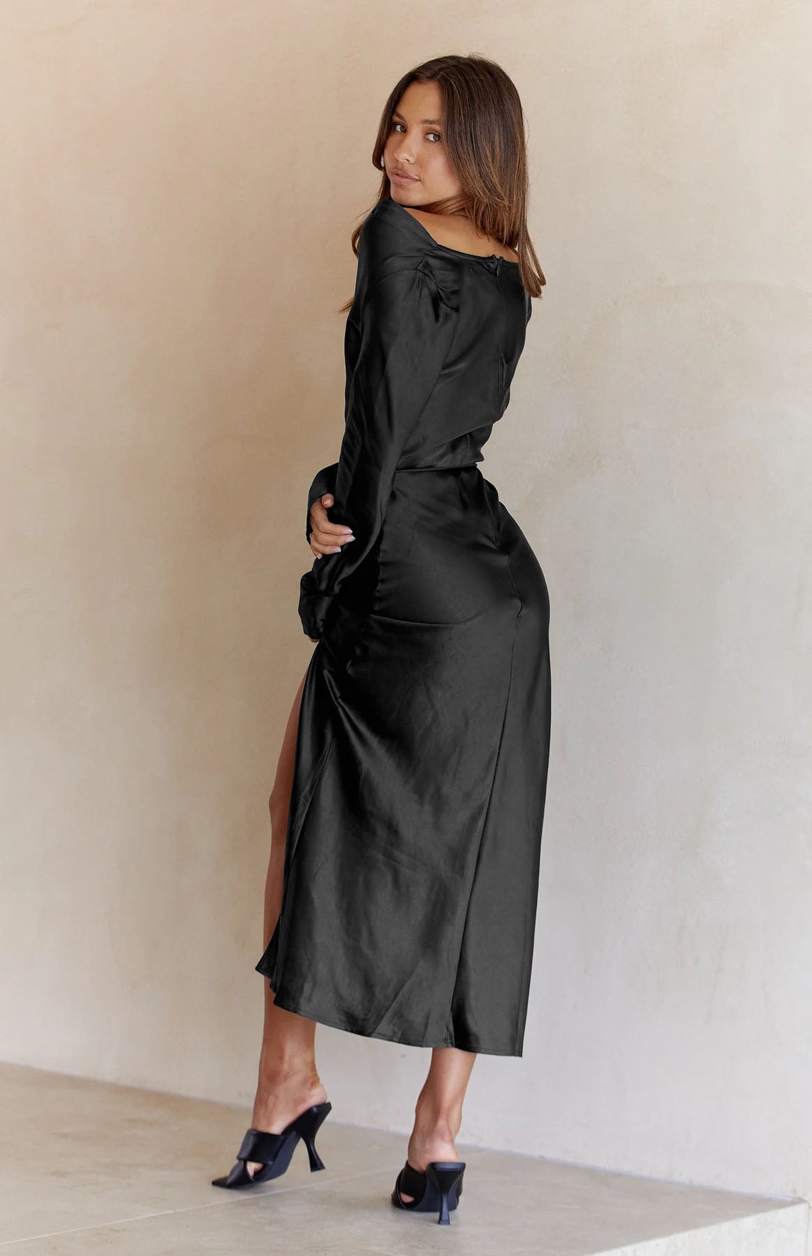 Black Drape Neck Tie Waist Long Sleeve Slit Dress