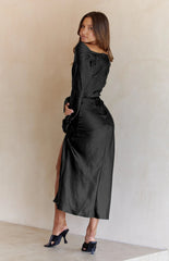 Black Drape Neck Tie Waist Long Sleeve Slit Dress