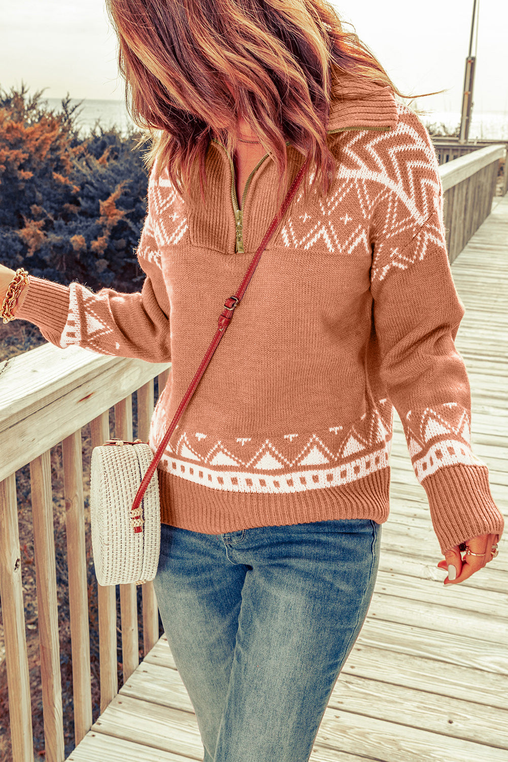 Blue Geometry Knit Quarter Zip Sweater