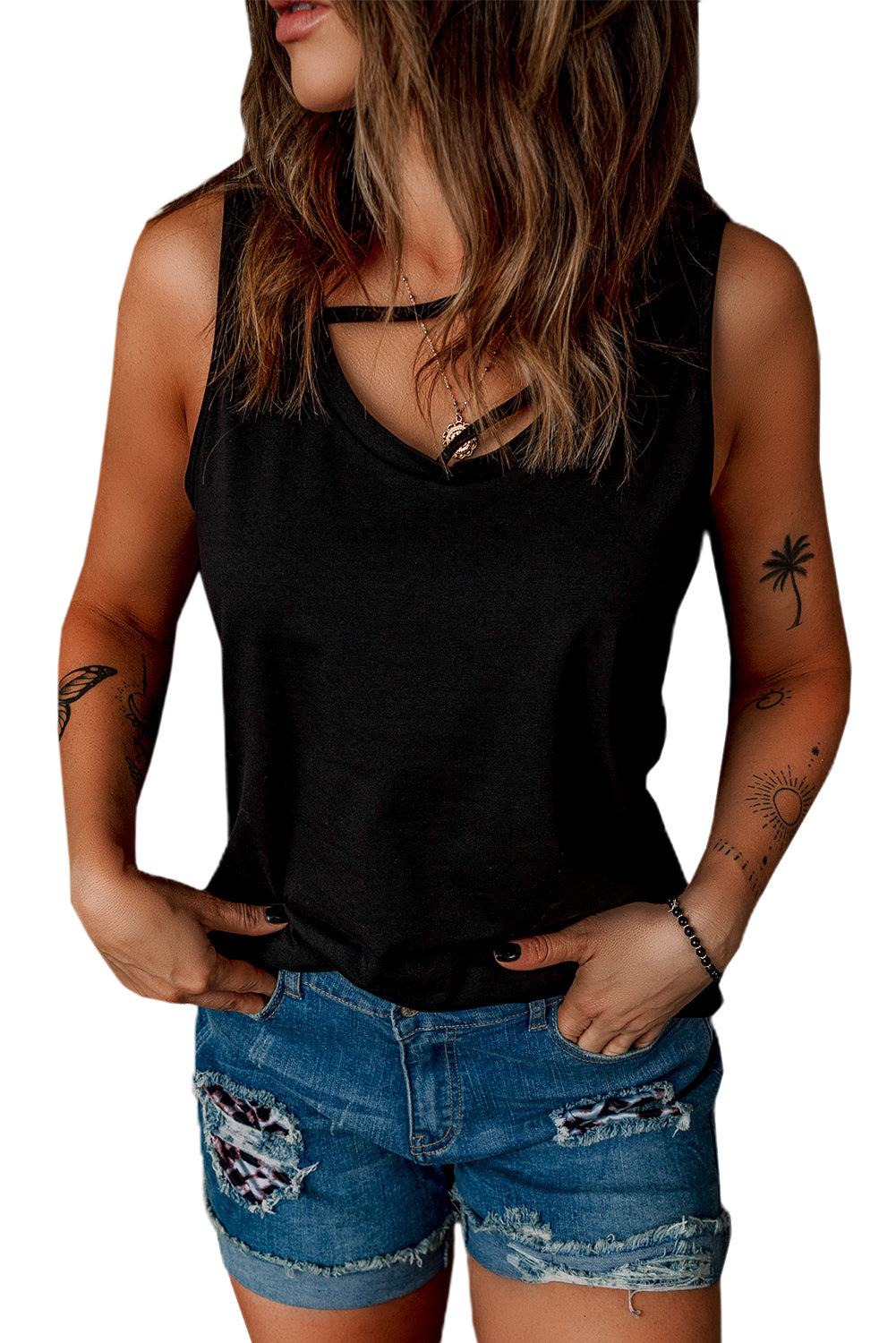 Black Strappy Hollow-out Neck Tank Top