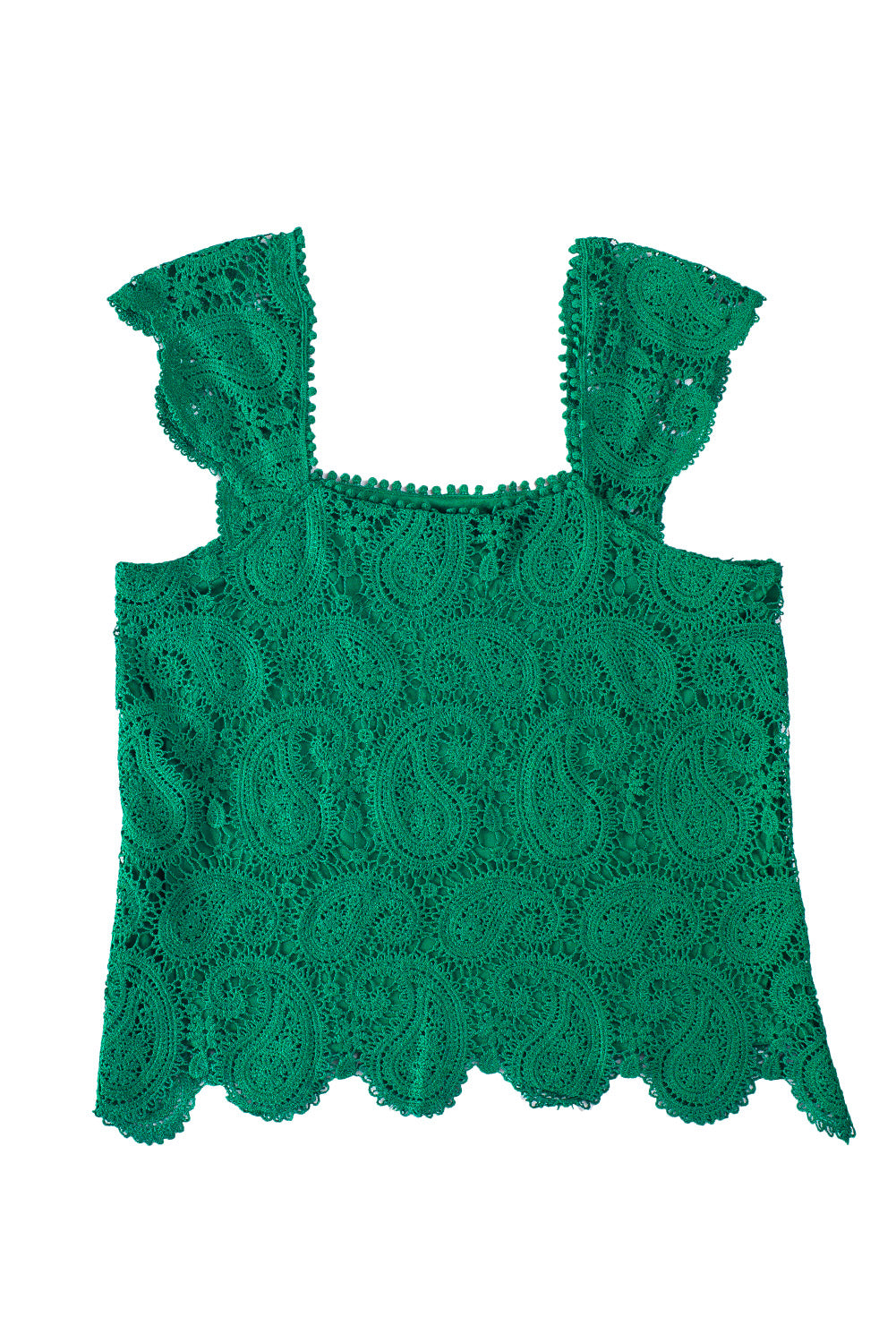 Green Lace Crochet Ruffled Square Neck Tank Top