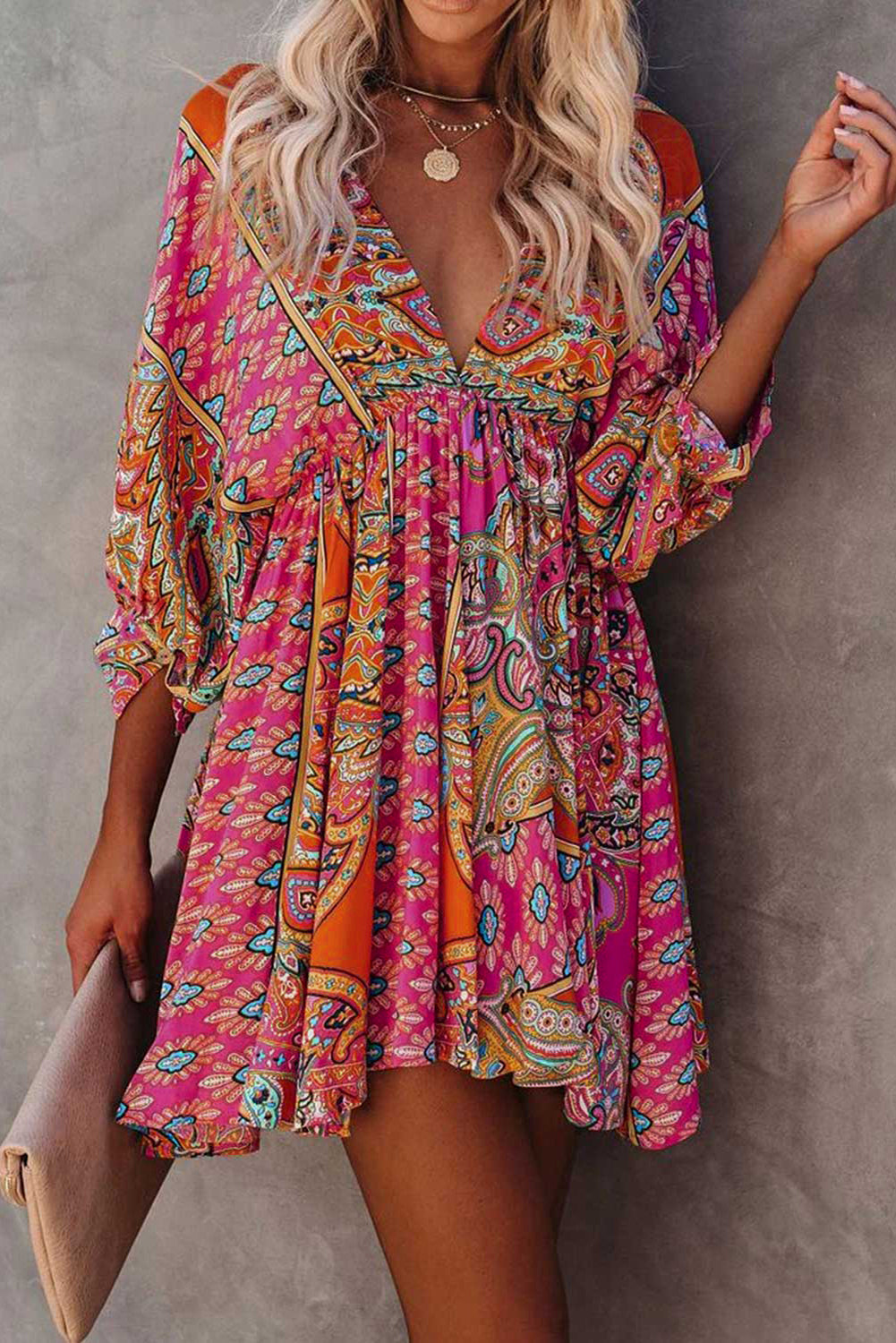 Multicolour V Neck 3/4 Sleeve Bohemian Vintage Print Mini Dress