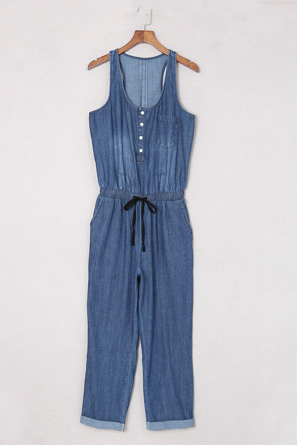 Blue High Waist Buttons Sleeveless Denim Romper