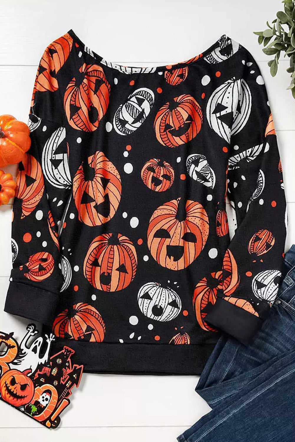 Black Halloween Pumpkin Face Crew Neck Top