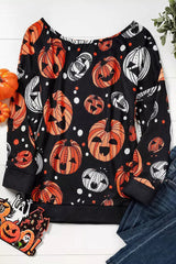 Black Halloween Pumpkin Face Crew Neck Top