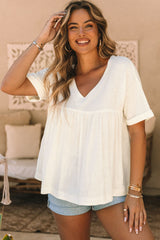 White Frayed V Neck Ruffled Babydoll Blouse