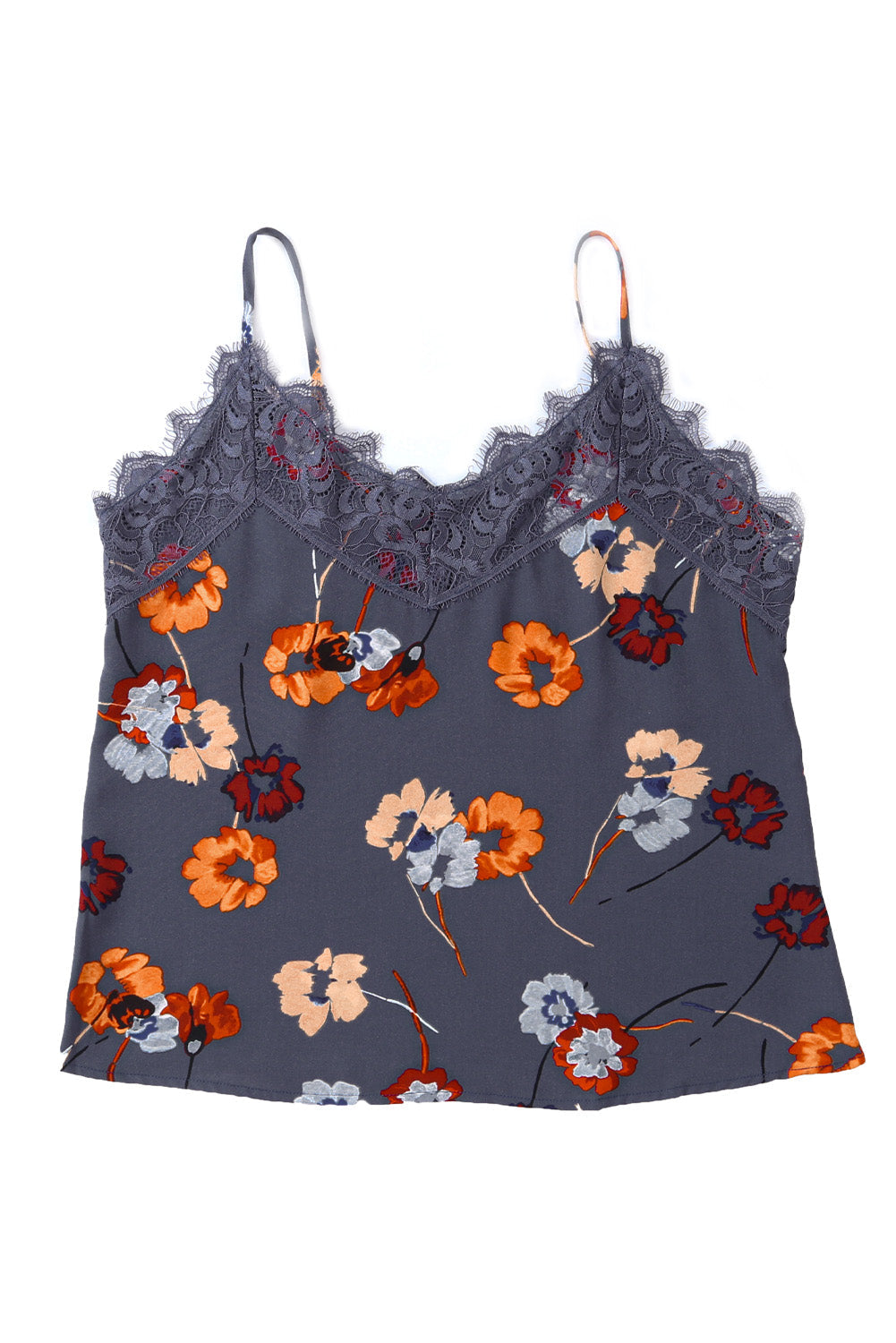 Blue Floral Print Lace Contrast Tank Top