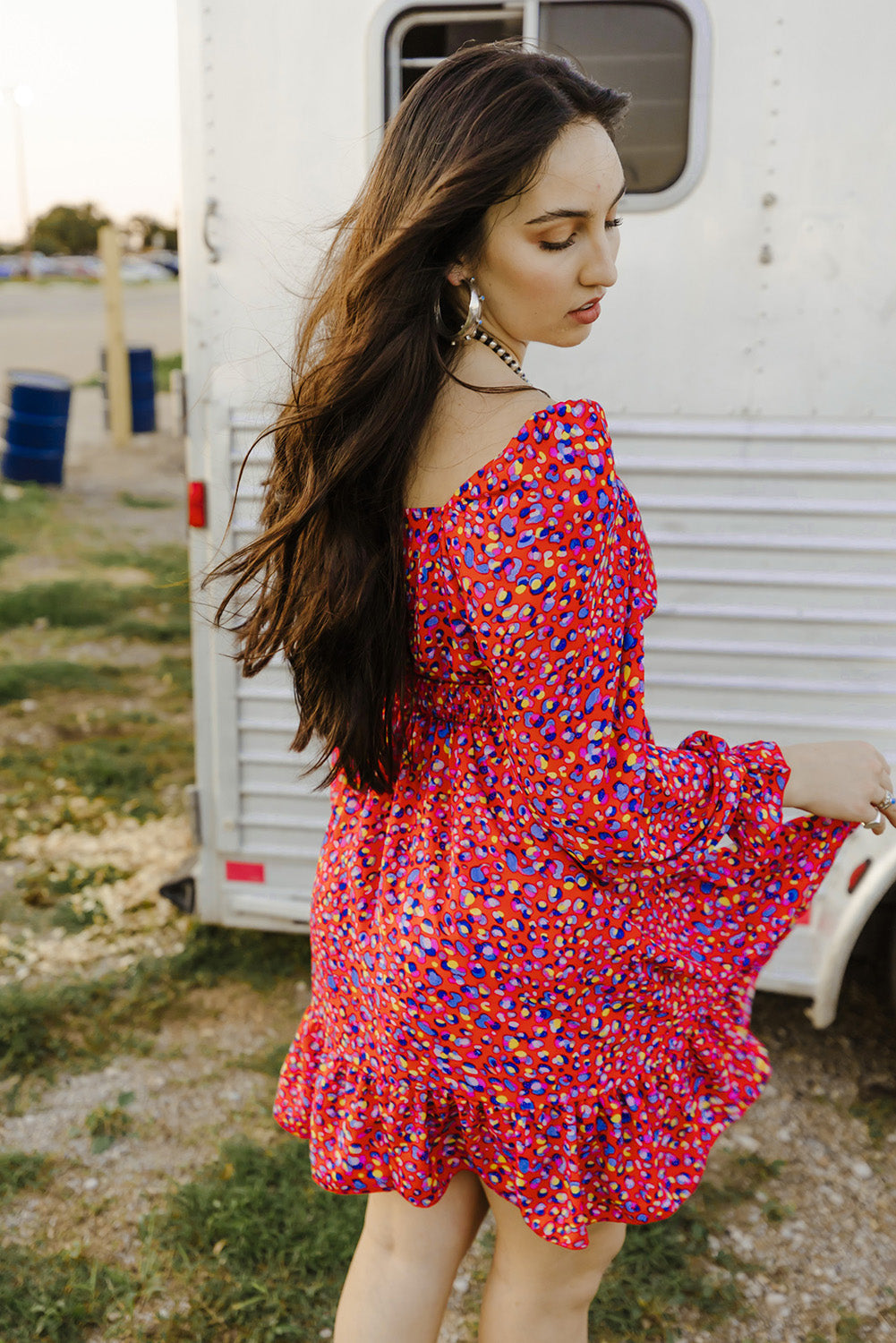 Red Square Neck Spring Floral Dress