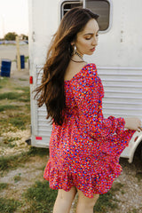 Red Square Neck Spring Floral Dress