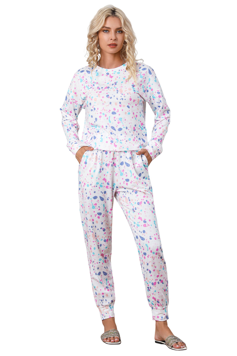 White Tie-dye Long Sleeve Crop Pullover and Joggers Lounge Set