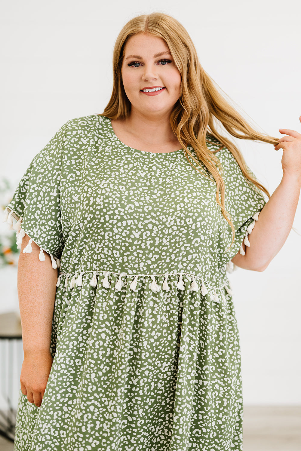 Green Plus size Leopard Tassel Dress