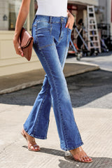 Blue Exposed Seam Split Flare Jeans
