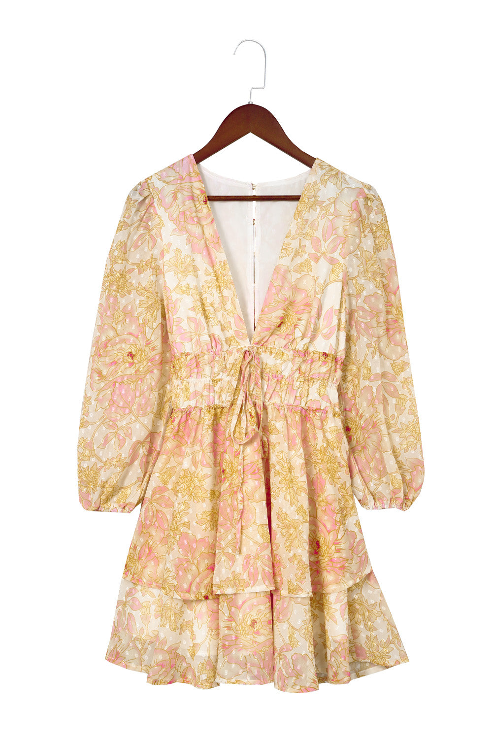 Yellow V Neck Long Sleeve Tiered Floral Dress