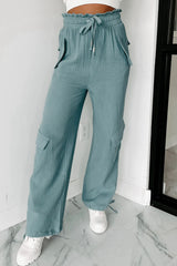 Green Frill Drawstring Waist Crinkle Cargo Pants