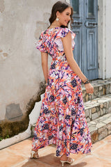 Multicolor Sleeveless Ruffled Lace-up High Waist Floral Maxi Dress