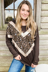 Brown Chevron Sequin Leopard Splicing Long Sleeve Top