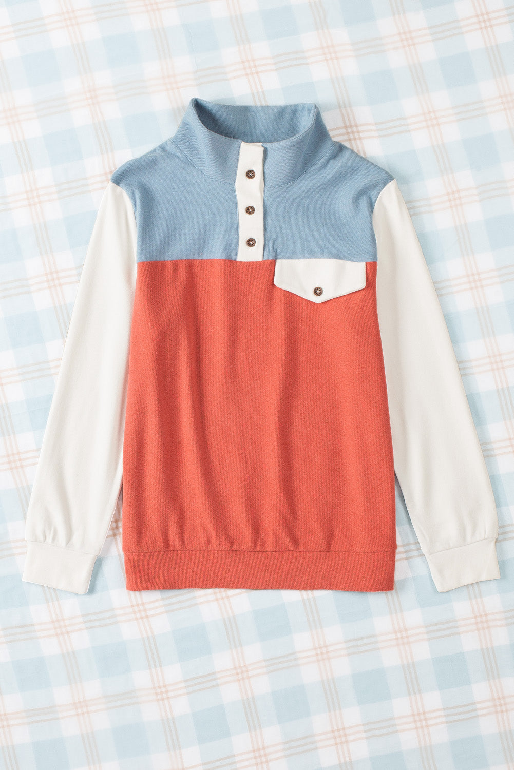 Orange Buttoned Color Block Long Sleeve Top