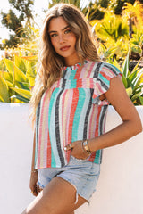 Green Striped Color Block Ruffled O-neck Sleeveless Top