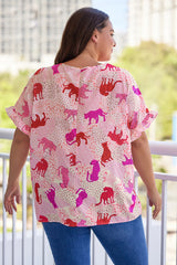 Pink Plus Size Jaguar Print Ruffled Short Sleeves Top