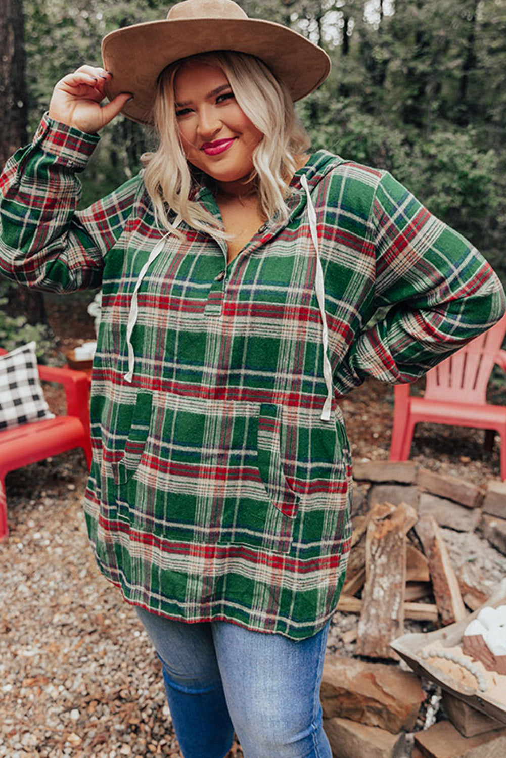 Green Plus Size Plaid Kangaroo Pocket Drawstring Hoodie