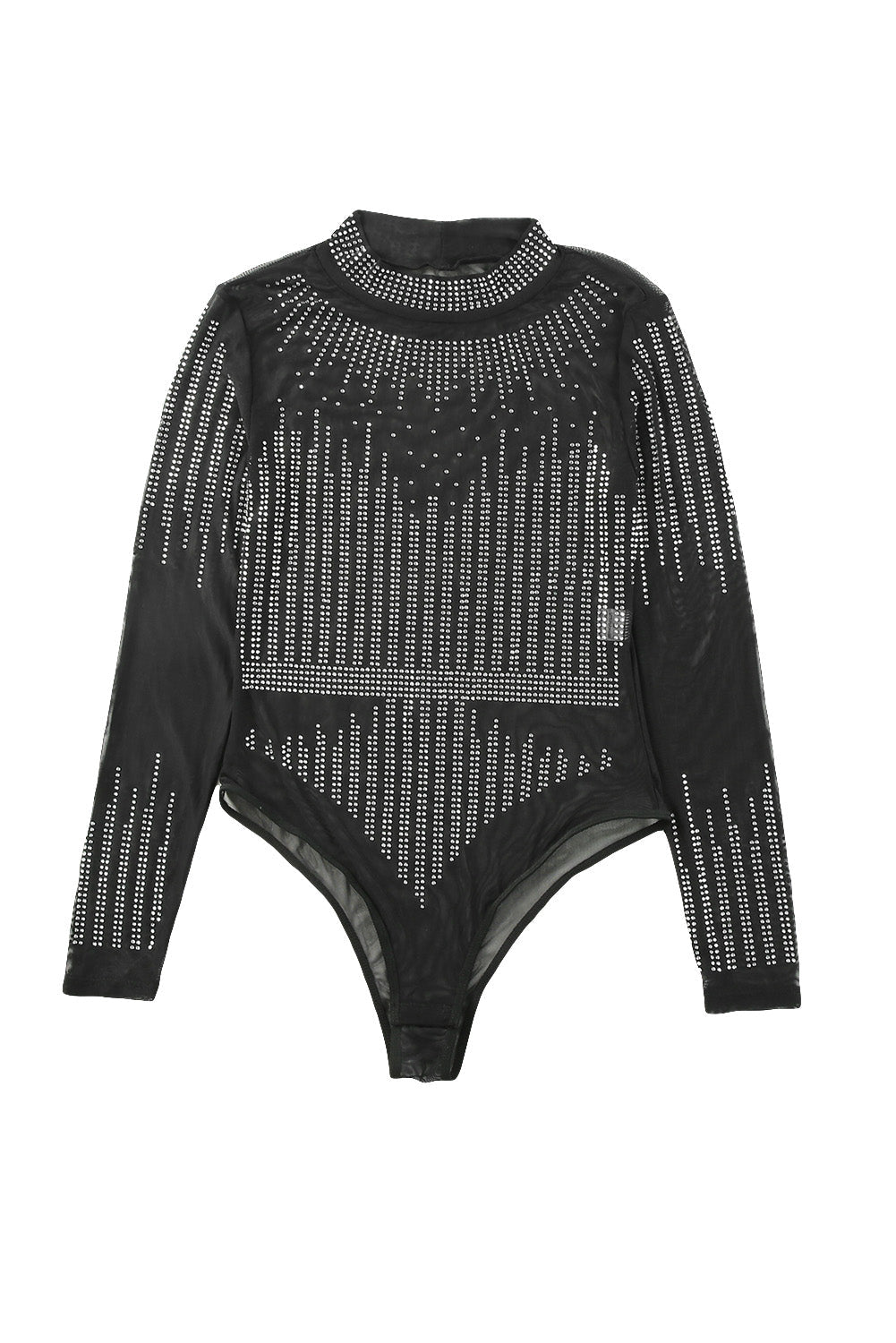 Black Rhinestone Sheer Mesh Long Sleeve Bodysuit