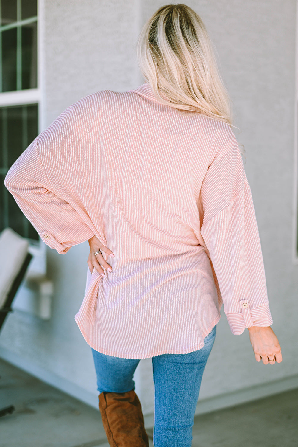Sky Blue Roll Tab Sleeve Ribbed Cording Shacket