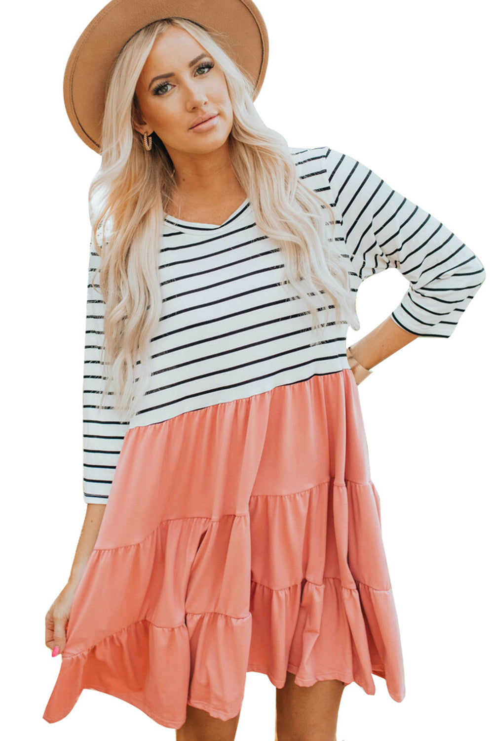 Striped Patchwork Tiered Ruffle T Shirt Dress