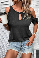 Black Knotted Cold Shoulder Sleeve Keyhole Front T Shirt