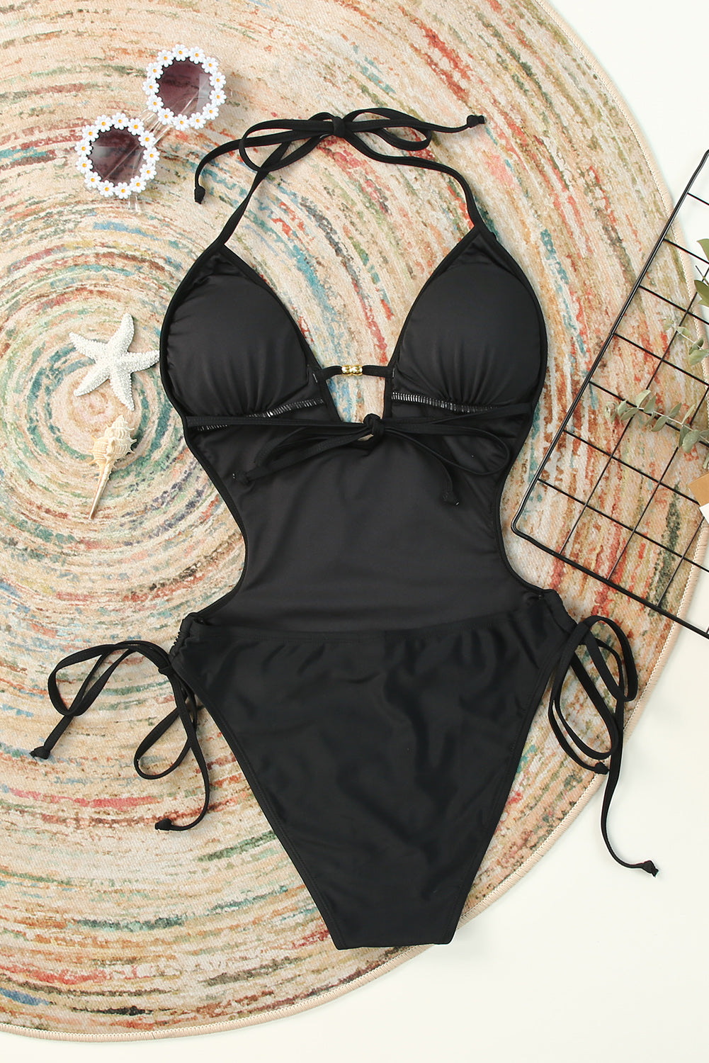 Black Halter Tassel Backless One-piece Swimwear