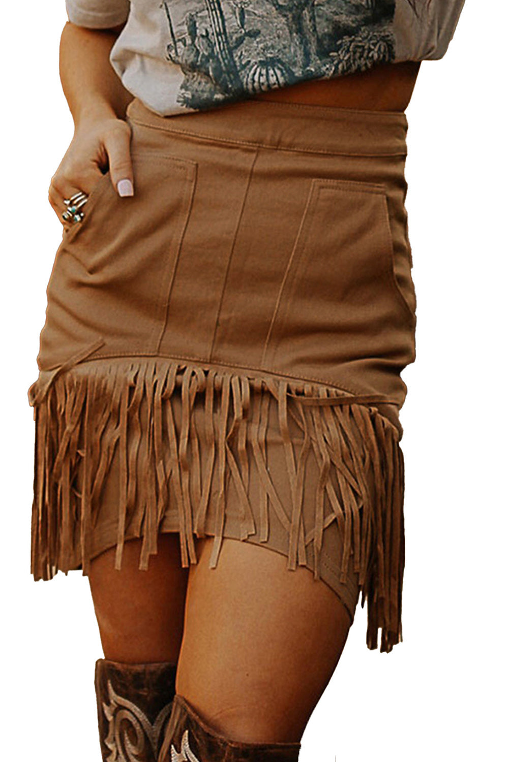 Brown Tassel Zipped Pockets High Waist Mini Skirt