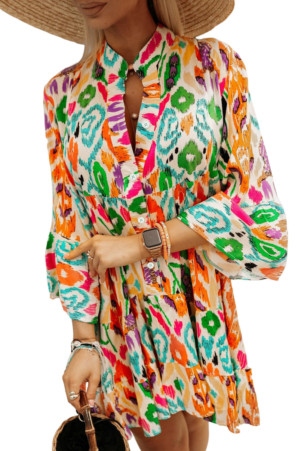 Yellow Abstract Floral Print Long Sleeve Buttoned Mini Dress