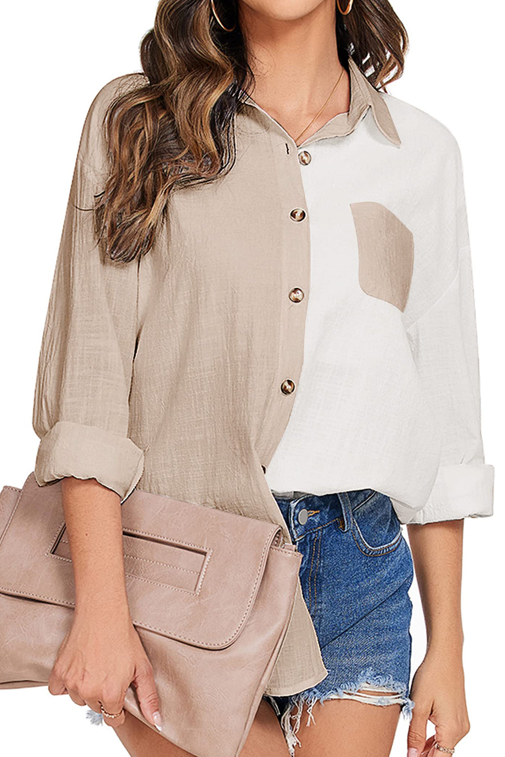 Khaki Colorblock Buttons Shirt-Collar Long Sleeve Pocket Blouse