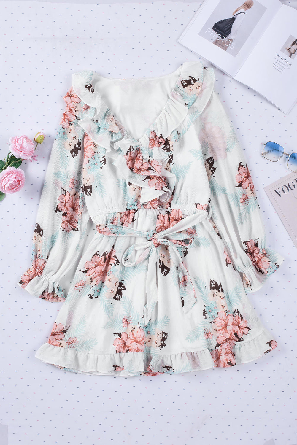 Ruffled V Neck Long Sleeve Floral Dress