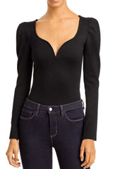 Black Solid Sweetheart Neck Long Sleeve Bodysuit