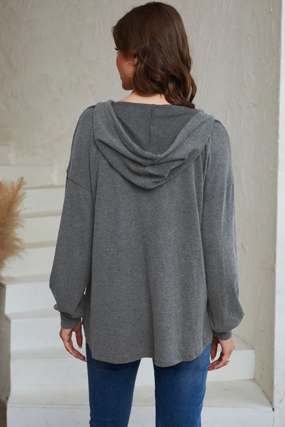 Buttoned High and Low Hem Hoodie