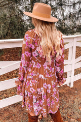 Brown Floral Print Drawstring V Neck Ruffled Babydoll Mini Dress