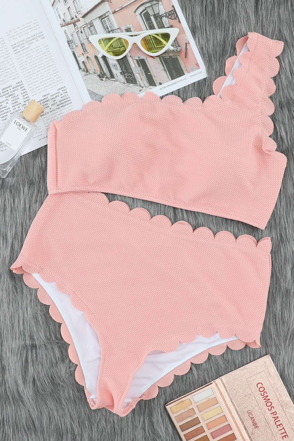 Pink High Waist Scalloped Trim One Shoulder Bikini