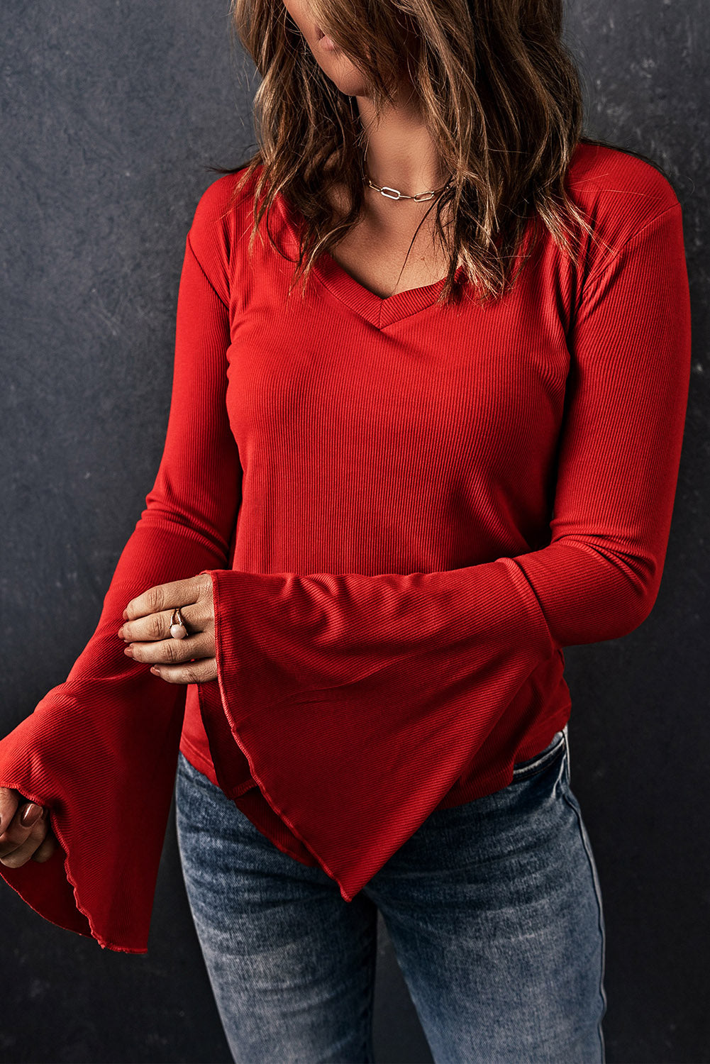 Red V Neck Knit Bell Sleeve Top